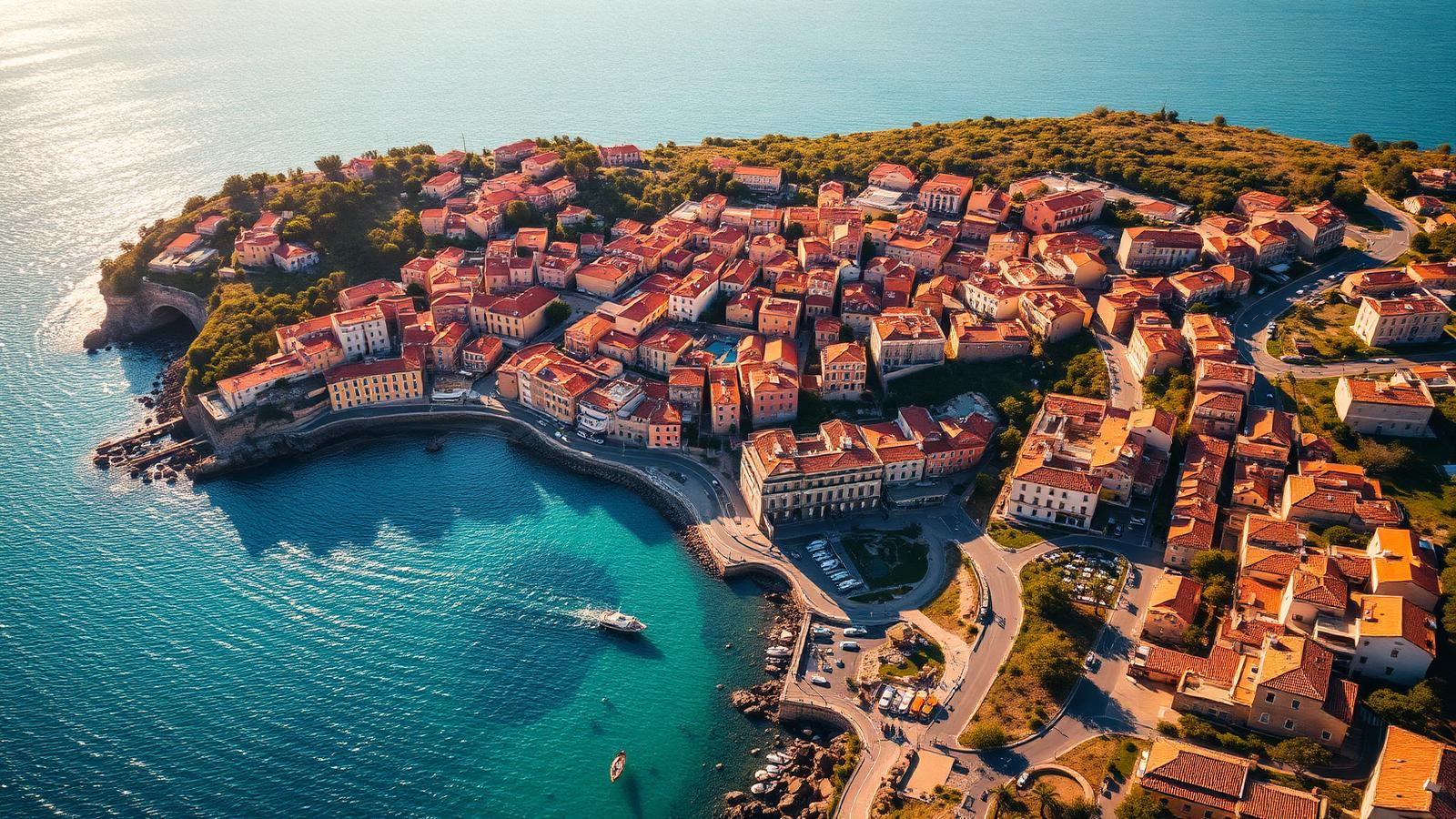 Sunny coastal town with terracotta rooftops and a winding seaside road seen from above