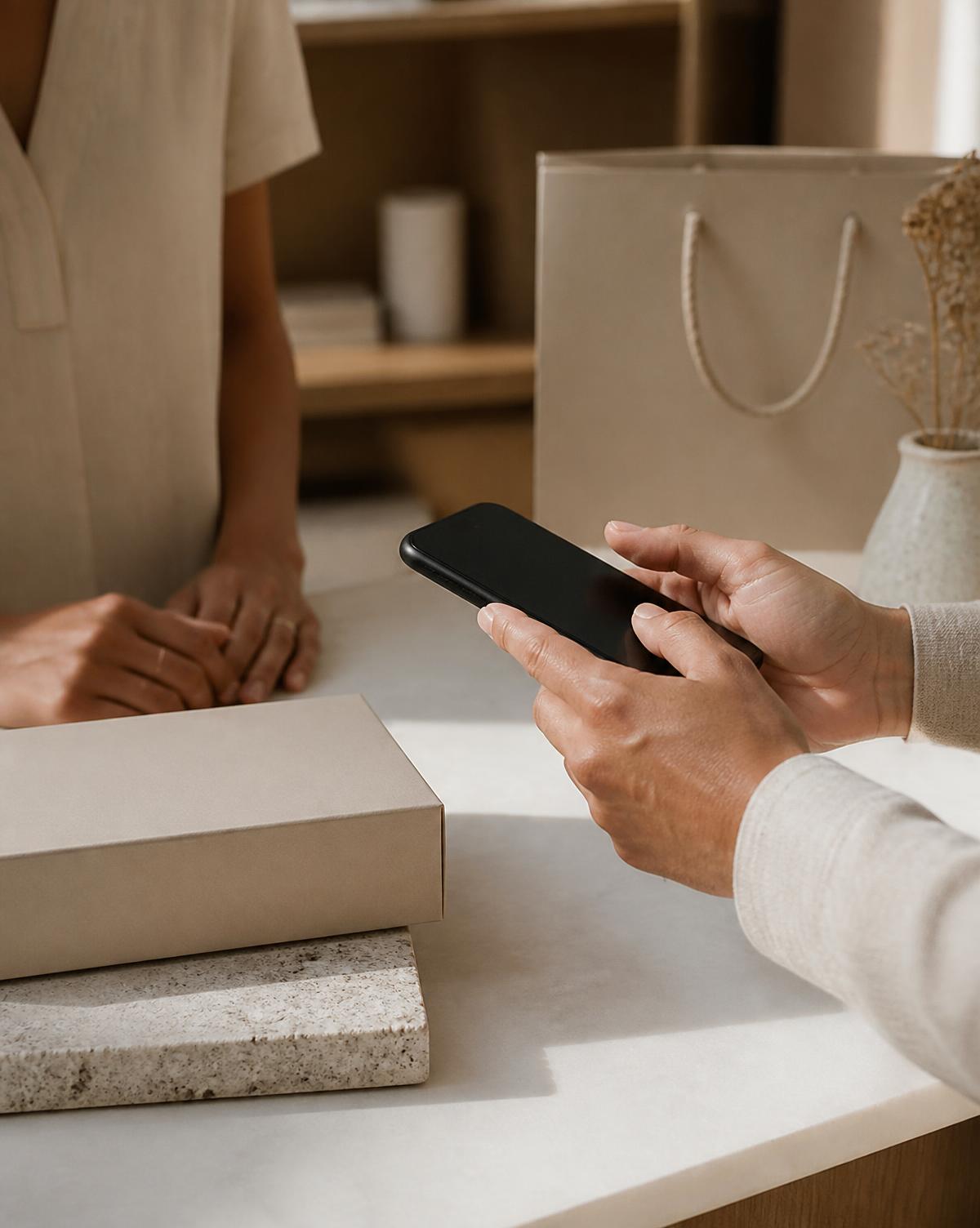 Hands using a phone at a boutique checkout counter next to unbranded packaging