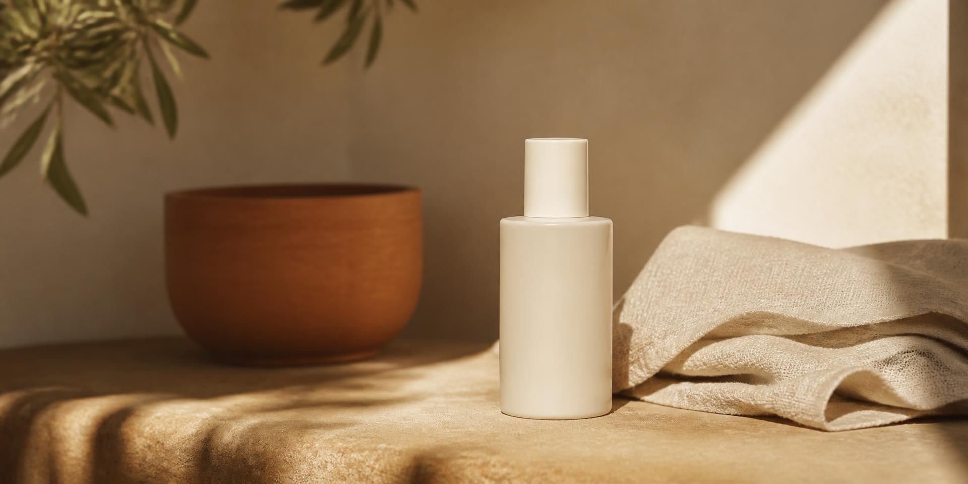 Minimal unbranded DTC product bottle and linen in warm natural light