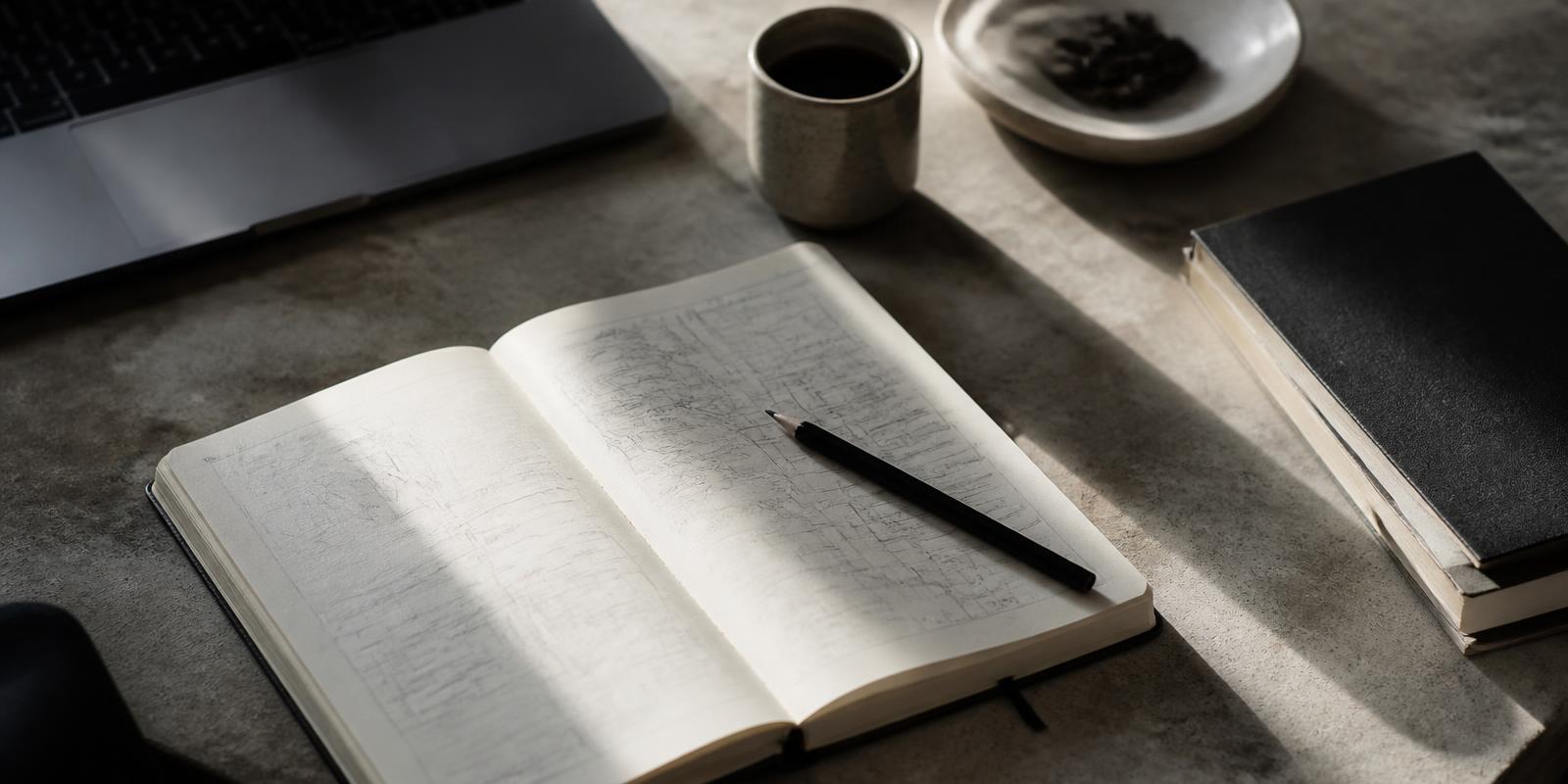 Open notebook with hand-drawn system diagrams next to a laptop on a concrete desk