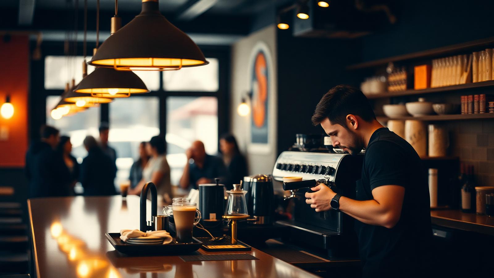 Barista preparing coffee behind a specialty coffee bar under warm pendant lights