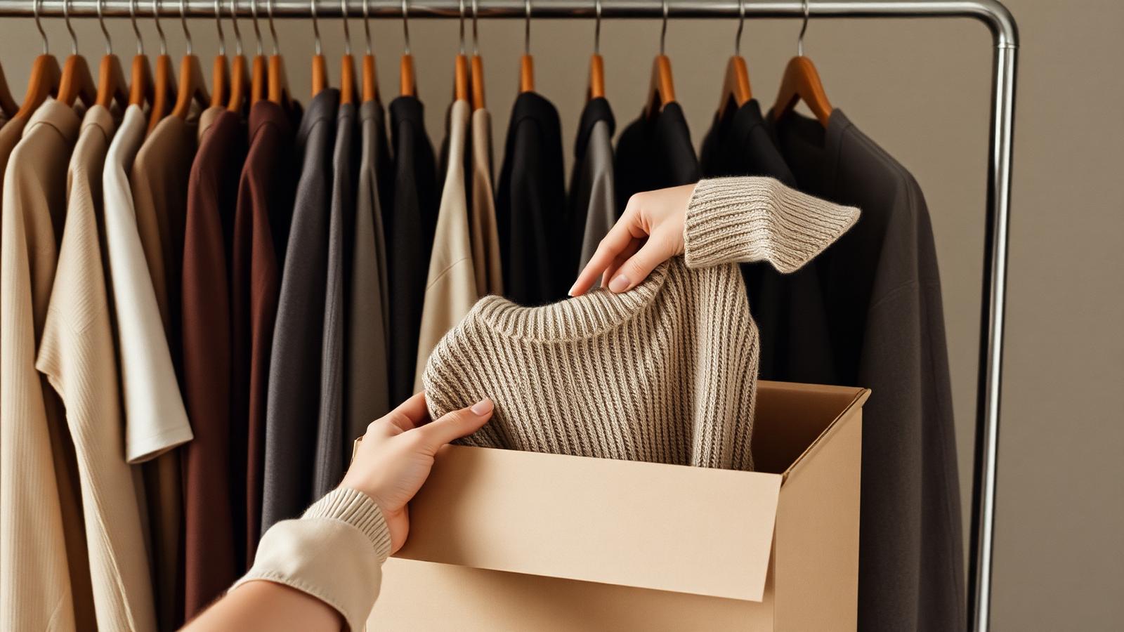 Neutral-toned knitwear on a studio rack being packed into a kraft box