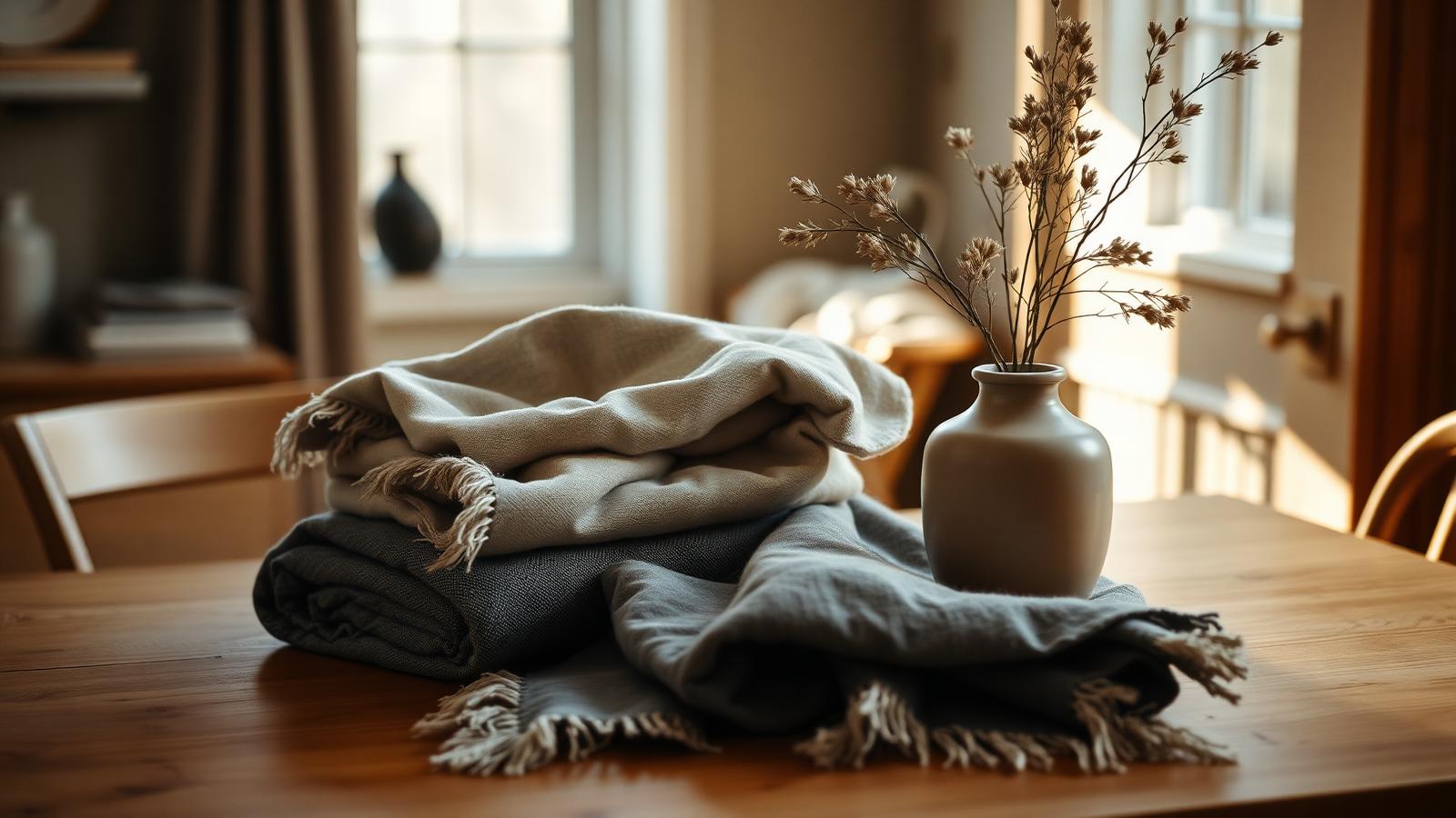 Folded linen textiles and a ceramic vase in warm morning light