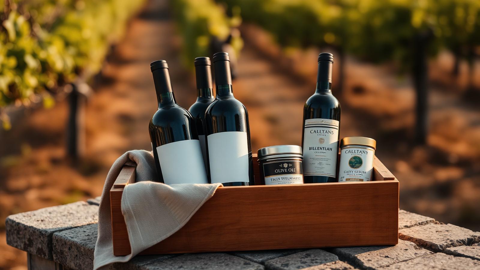 Wine bottles and gourmet tins in a wooden crate on a stone table in a vineyard
